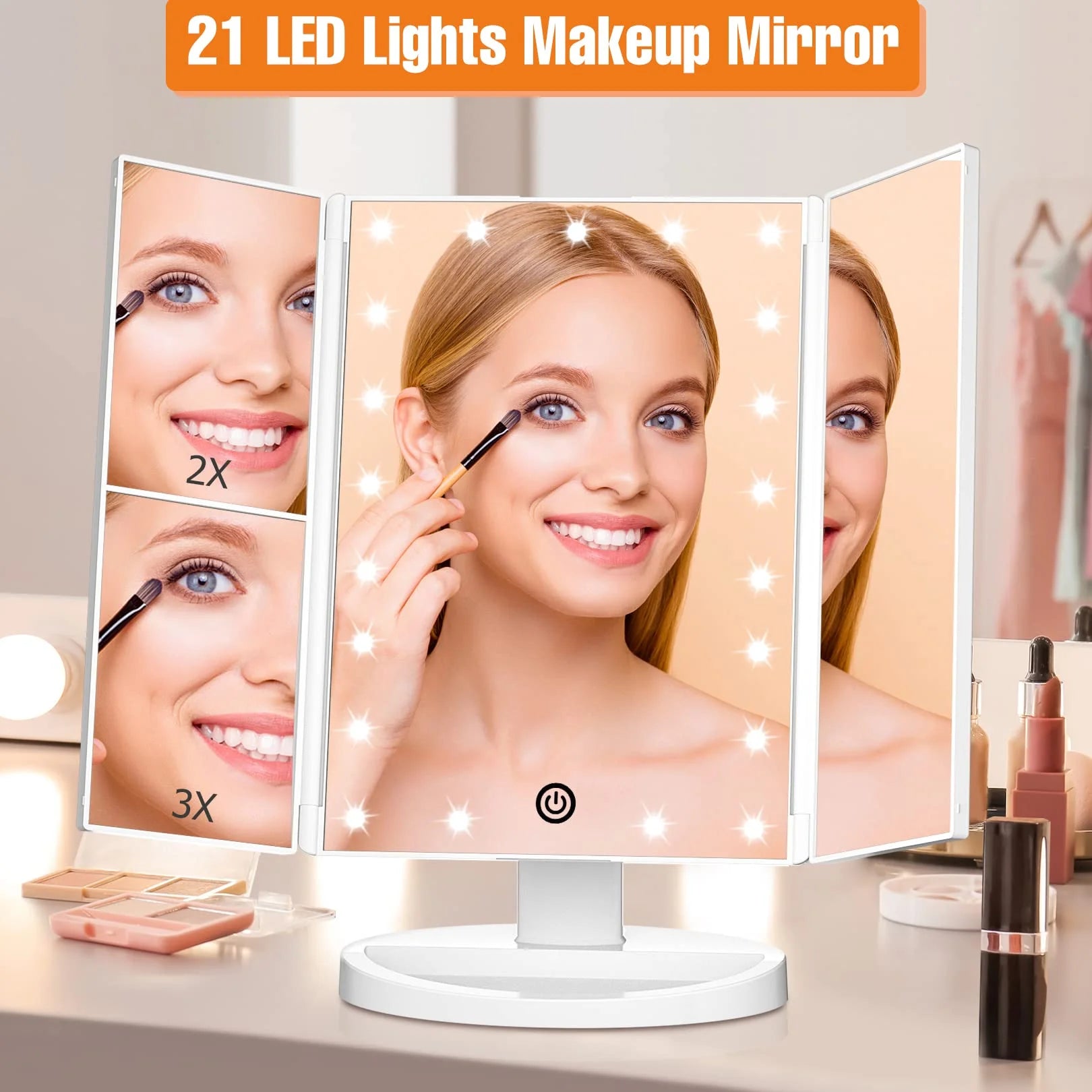 Trifold Portable Vanity Makeup Mirror, 2X 3X Magnification, LED Lighted Beauty Mirror White